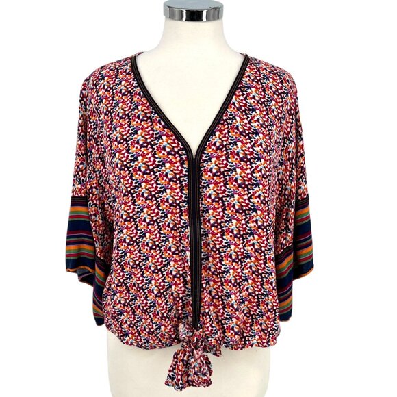 Democracy Floral Stripe Kimono Blouse Red Multicolor Size Medium - Picture 2 of 8